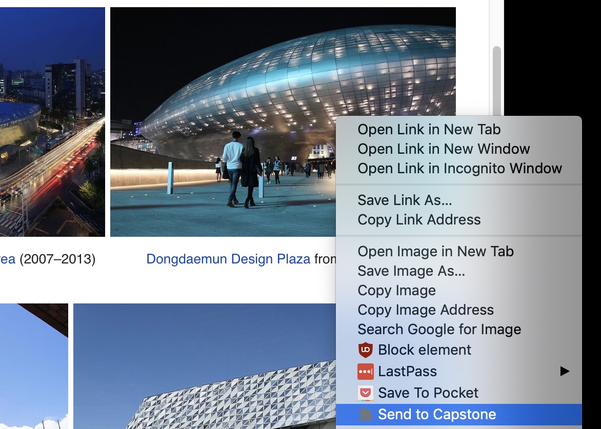 Right-click context menu offers “Send to Capstone” option for images and text.