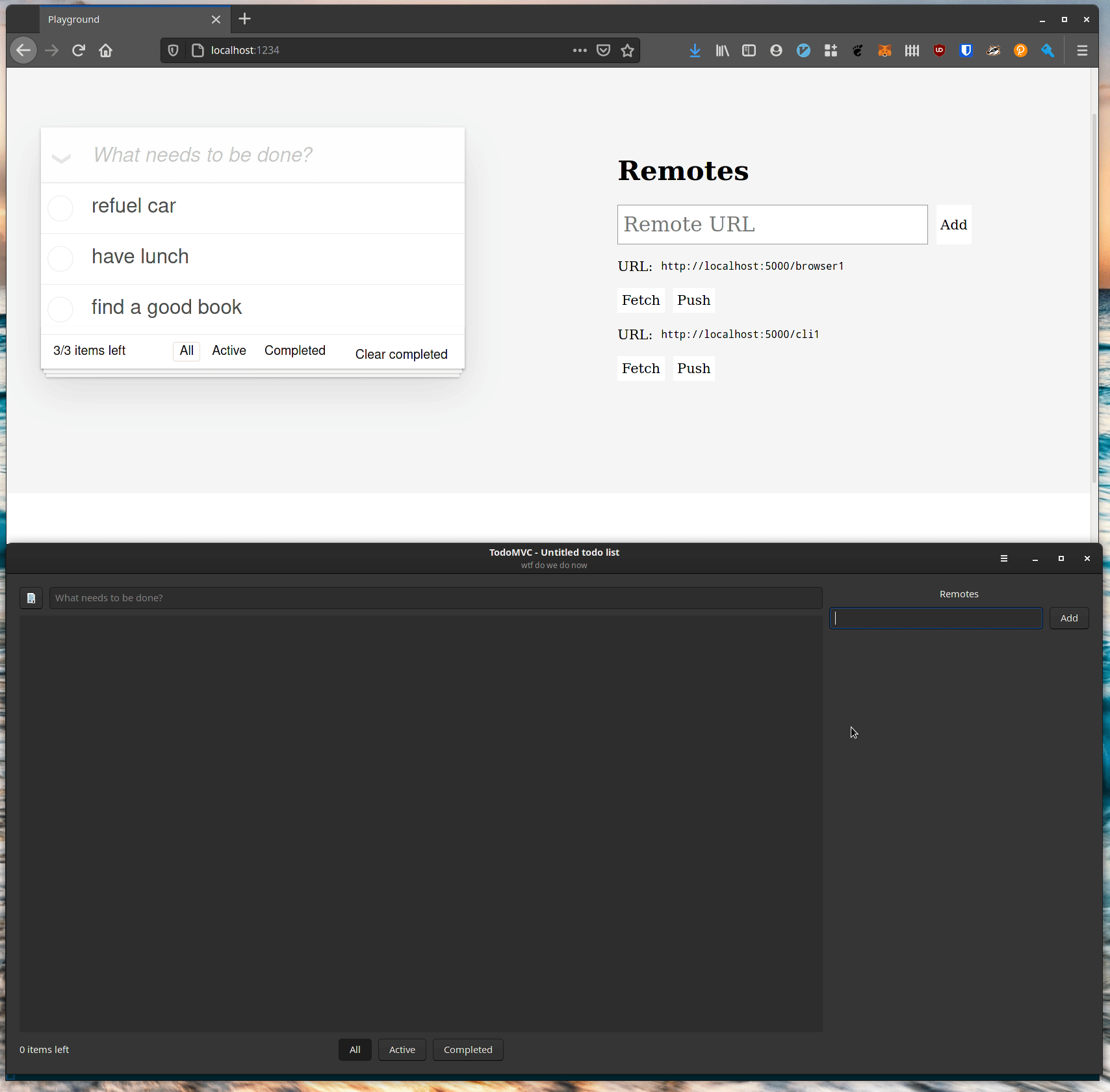 A gif showing a browser window with a todo list and list of peers, and a GTK GUI application with a todo list and a list of peers. The operator creates and modifies todo lists in each application and pushes and pulls changes between them