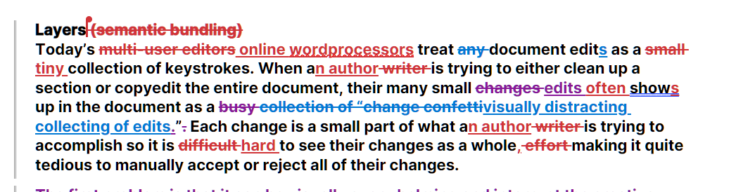 When many small changes are made to a document, the change tracking view becomes difficult to read.