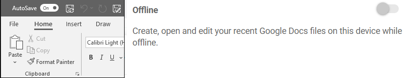 The AutoSave toggle in Microsoft 365 allows real-time collaboration to be enabled and disabled. Google Docs provides an offline mode for working without an internet connection.