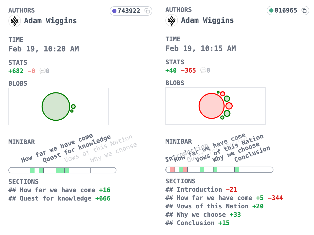 Summary diff visualization micro-experments. On the left is a simple set of additions to two sections. On the right is a more complex whole-document edit.