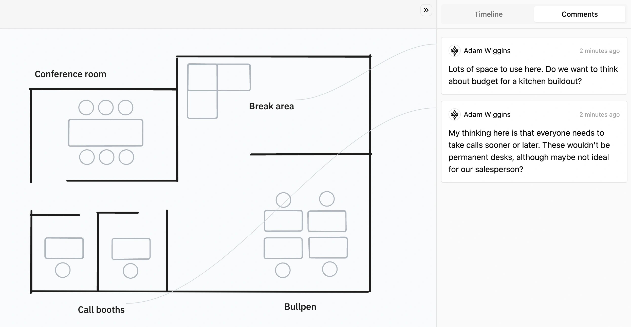 Comments are attached to objects on the canvas, but still appear in a linear list that a reviewer can quickly read top-to-bottom.